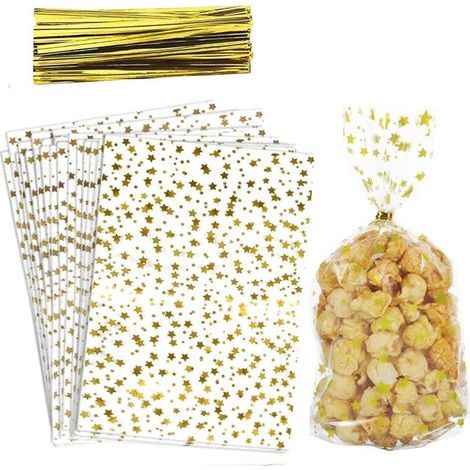 Goldene, sternenverzierte Cellophan-Geschenktüten – 100 Stück mit Metallverschlüssen für Kekse, Süßigkeiten und kleine Geschenke (1/4)