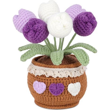 Tulipe violette en pot, fleurs crochetées à la main avec vase, 6 fleurs de tulipe, hauteur 15 cm, idéale pour la maison, le bureau ou la décoration de mariage (1/5)