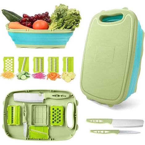 Set di taglieri multifunzionali 9 in 1 pieghevoli: affettatrice per verdure, tagliere da campeggio, cestello scolapiatti portatile, ideale per grigliate all'aperto in campeggio. (1/5)