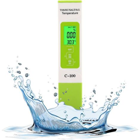 Salzwasser-Salzgehaltsmessgerät, Schwimmbad-Salztester, multifunktionales Wasserqualitätsmessgerät mit Hintergrundbeleuchtung für Meerwasser, AquariumsC-100 5-in-1 Salzwasser-Schwimmbad-Testset (1/5)