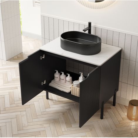 Freistehender Badschrank 76 cm mit ovalem schwarzem Keramikbecken und Sintersteinplatte (1/5)