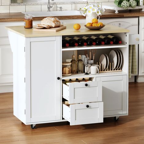 Meuble de cuisine îlot mobile, plateau rabattable, 2 tiroirs, roulettes, blanc et bois (1/5)