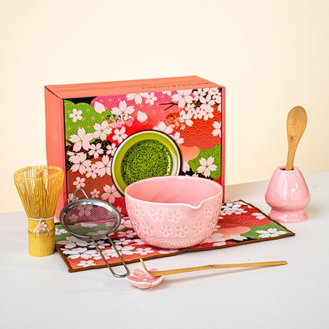Juego de té matcha japonés, diseño de flor de cerezo, cuenco de cerámica para matcha con abertura, caja de regalo Baiben Li, alta calidad. (1/5)