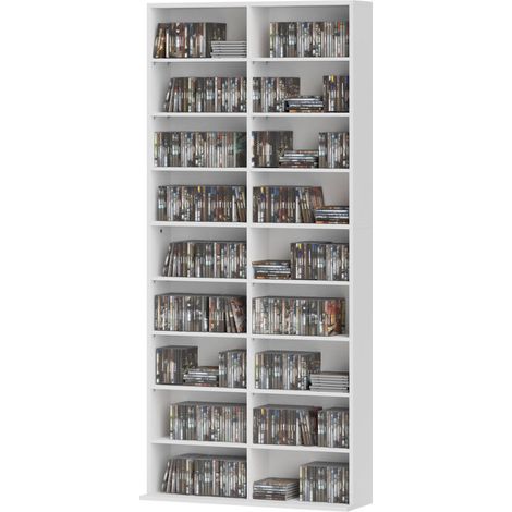 Rangements pour CD et DVD 18 Compartiments 78,5x24x175cm Blanc Meuble de Rangement Multimédia, Capacité Max. 640 CD/360 DVD et 430 Blu-ray, 14 Étagères Réglables, Salon, Chambre (1/5)