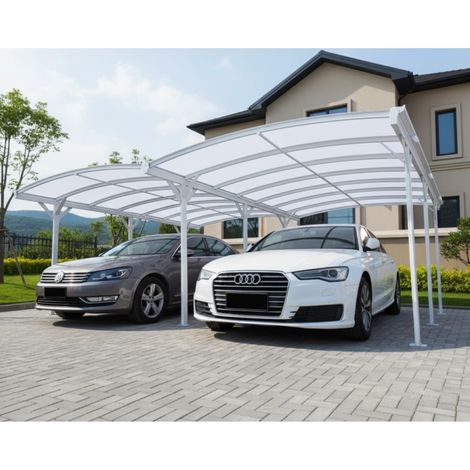 Carport double aluminium blanc 600x505cm – Toiture polycarbonate 6mm – Surface 30,30 m² – Gouttières latérales intégrées – X-Metal