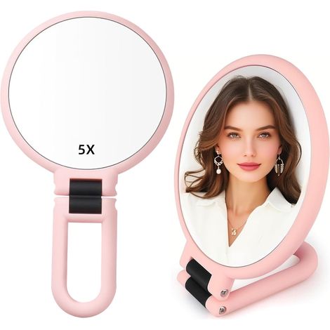 5-fache doppelseitige Klapplupe mit Griff, Hand-Schminkspiegel (Rosa)