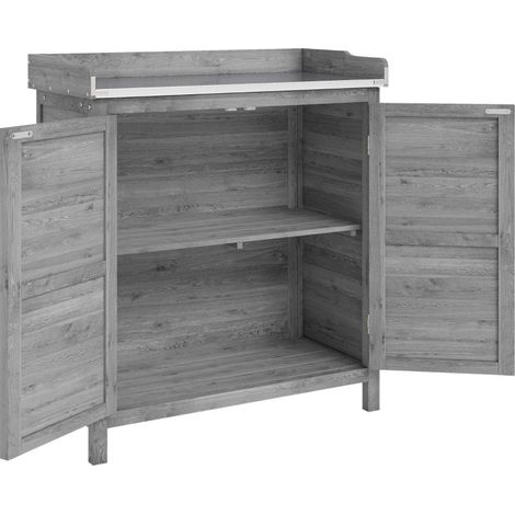 Armoire de jardin en sapin massif avec plan de travail galvanisé gris, 2 portes et 2 étagères (1/5)