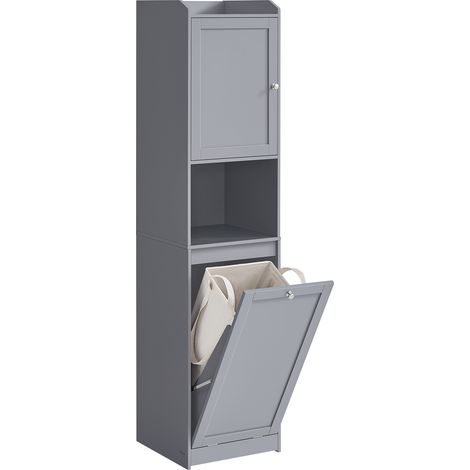 Vasagle – Meuble de rangement salle de bain avec panier à linge amovible – Compartiment avec porte – Dimensions 40 x 40 x 170 cm – Gris tourterelle
