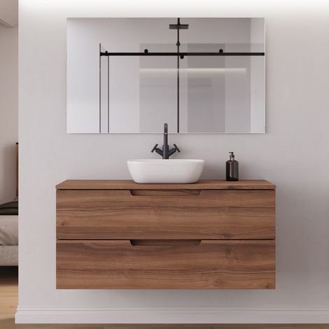 Meuble de salle de bain 120cm avec plateau et vasque à poser arrondie - 2 tiroirs - noyer (bois foncé) - SONRIZA (1/5)
