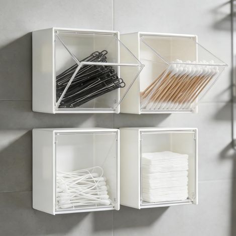 Boîte de rangement murale pour salle de bain, boîte de rangement en acrylique transparent à suspendre avec couvercle à rabat 8,5 x 8,5 x 4,5 cm, adhésif sans perçage, pour cotons-tiges, tampons de (1/5)