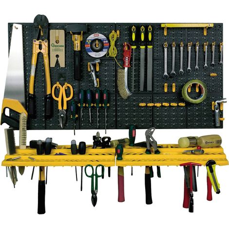 Dmora Set von 2 Paneelen und 2 Werkzeughalter Regale mit 50 Haken, Organizer Wandgegenständen, 100% Made in Italy, 100x22H50 cm, schwarze Farbe (1/3)