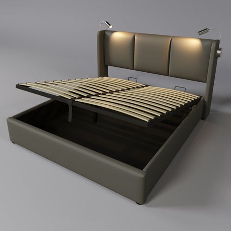 Letto matrimoniale imbottito con contenitore, luce da lettura e USB 140 x 200 cm, grigio (1/5)