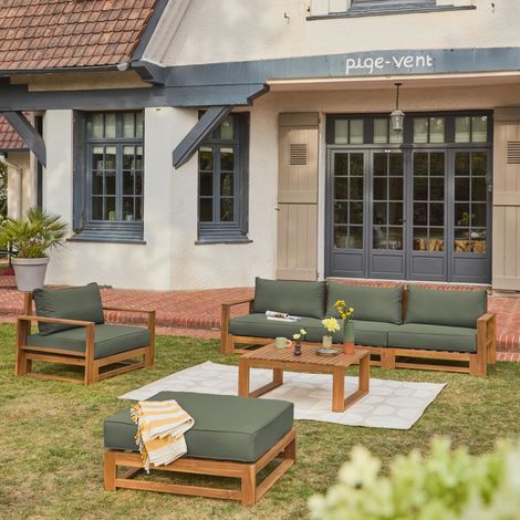 Sweeek – Salon de jardin en bois d'acacia 5 places – 6 éléments modulables – Coussins déhoussables 14 cm – Table basse 85 x 75 x 35,5 cm