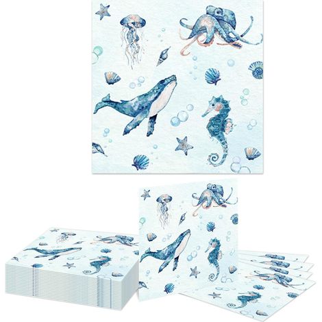 Lot de 20 Serviettes Cocktail sous la mer, côte océane, Serviettes en Papier jetables pour Dessert, pour fête d'anniversaire Estivale ou printanière (1/5)