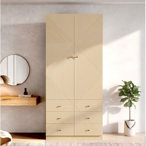 MODFU – Armoire rangement 90x48x200 cm MDF/acier – 2 portes, penderie et tiroirs – Charge 30/20 kg – Chambre – Chêne (1/5)