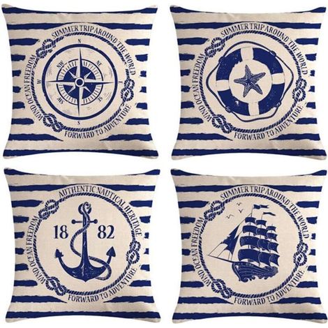4 Stück Housse de Coussin Voile Navigation Boussole Housse de Coussin dekorative Baumwollleinen Jeter Taies d'Oriller 45x45 cm (1/5)
