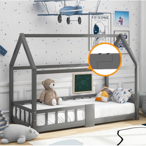 Letto Singolo 90x200 cm con Struttura in Legno Massello Grigio (1/5)