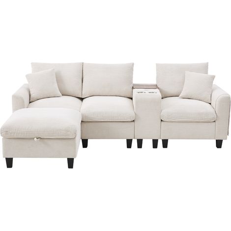 Canapé d’angle convertible 4 places en velours côtelé, avec console, 2 porte-gobelets, ports USB, rangements accoudoirs et pouf, beige – CHICFURN (1/5)