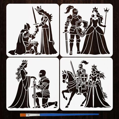 4 Pièces Pochoirs de Chevalier et Reine avec Pinceau 15x15cm Pochoirs de Chevaliers Médiévaux Pochoir Princesse Chevalier Gabarit Rétro pour Peinture sur Bois Mur Meuble DIY Décor Maison (1/5)