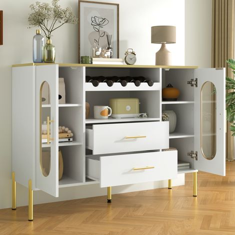 REDOM Buffet 120x38x90 cm avec 2 tiroirs 2 portes casier à vin MDF Accents dorés blanc (1/5)