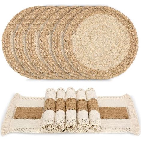 Set de 12 sets de table – 6 ronds (30 cm) + 6 rectangulaires (30x50 cm) – Coton, jute, paille – Beige – Ferme (1/5)
