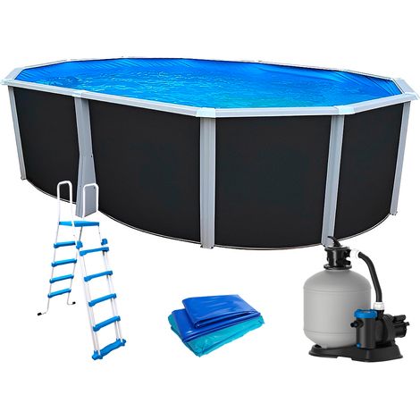 Piscine hors sol acier ovale 550x366x132cm – Parois laquées anthracite – Filtration à sable 6m³/h – Capacité 21.500L – TOI