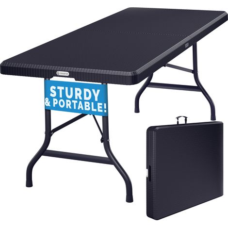 CASARIA® Folding Garden Table  6FT/180cm  Black Poly Rattan Plastic  With Carry Handle  Easy to Clean  Compact Trestle Garden Buffet Table  Perfect for Parties BBQs Camping & Outdoor Dining (1/9)