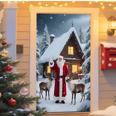 Nouvelle décoration de porte de Noël, motif Père Noël, pour jardin, cour ou extérieur - 90 x 180 cm (perforée + ruban) - Lot de 4