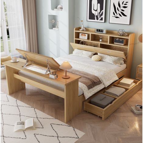 Cama 140x200 con almacenamiento, cabecero estantería, cajón y mesa abatible natural DESVIAE (1/5)