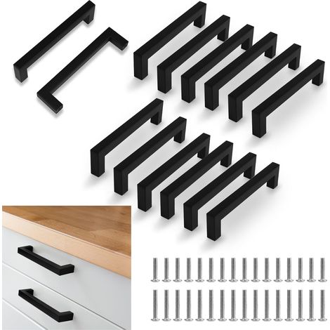 12 Pièces Poignée de Meuble Cuisine Noir, Entraxe 128mm Poignet de Porte Cuisine et Armoire, Meuble en Acier Inox Poignées pour Bureaux, Tiroirs, Armoires, Placard (1/5)