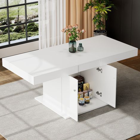 Table à manger extensible en panneaux de particules blanc 140/180x80x76 cm avec rangement (1/5)