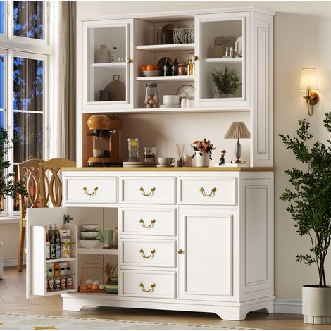 Sideboard haut de cuisine MDF blanc 118 x 39,5 x 180 cm avec LED RGB, multiprise intégrée et rangements modulables (1/5)