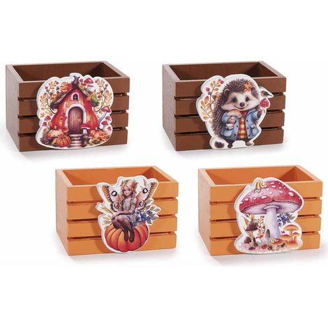 Paniers en bois coloré clôture, champignon, citrouille et hérisson en relief, lot de 16, 8,5 x 6 x H. 6 cm