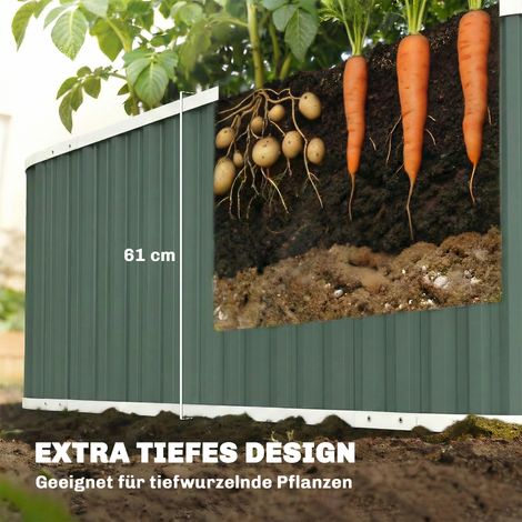Jardinière surélevée métallique 136x53x61 cm profondeur, bords de protection, étiquettes plantes, gants et fond ouvert (1/4)