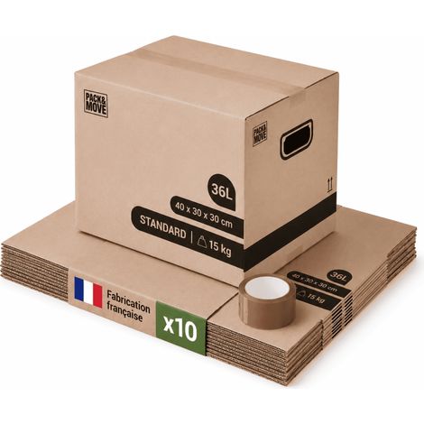 Pack and Move - Lot 10 cartons déménagement stockage livres - 40 x 30 x 30 cm - Poignées renforcées - 1 adhésif offert