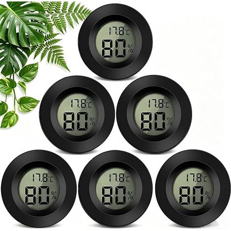 Mini Thermomètre Hygromètre Numérique, Hygromètre Intérieur Rond à Écran LCD, Commutable ℃/℉, Pile Bouton LR44 Incluse, Pour Maison, Serre, Cave à Vin, Bureau, Imprimante 3D - Lot De 6 Pièces, Noir (1/5)