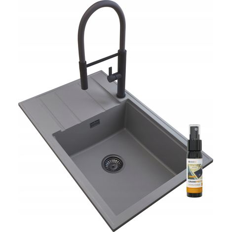 Évier de Cuisine en Granit 80 x 50 cm Gris, 1 Cuve avec Égouttoir, Robinet FULL Noir avec Douchette Extractible, Siphon Noir, GraniProtect 30 ml LOUIS (1/5)