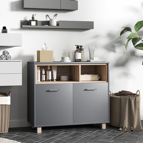Meuble salle de bain rangement, meuble de rangement style moderne avec compartiments ouverts et portes doubles
