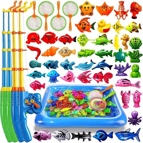 Magnetic Fishing Game XXL 56 Pieces with Paddling Pool – Water Toy and Pool for Children 3 4 5 Years – Set for Beach, Garden and Bath Including 4 Fishing Rods, 4 Landing Nets and Pump (1/5)