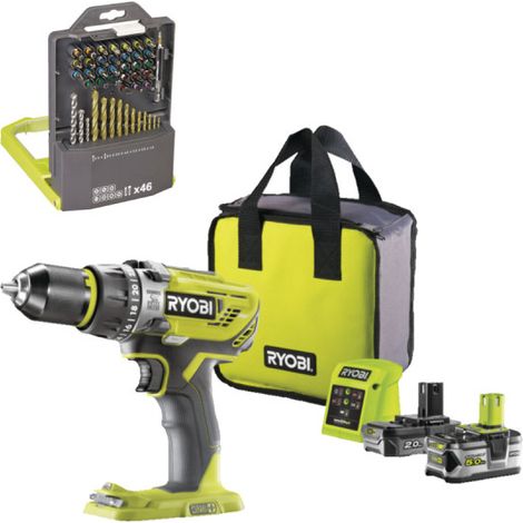 Confezione RYOBI R18PD31-252S Trapano e avvitatore a percussione - 18V - Batterie 2.0Ah e 5.0Ah - Caricabatterie - 46 ac