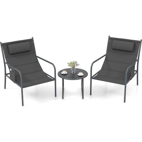 Set da bistrot per esterni 3 pezzi con sedile traspirante, Set da sedia e tavolino in metallo Grigio scuro (1/4)