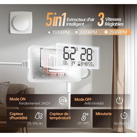 3 Speeds Air Extractor Humiditating and Temperature Detector, Timer, Remote Control, 100 mm VMC Bathroom Hygro-Adjustable, Silent Ventilation P119 (1/3)