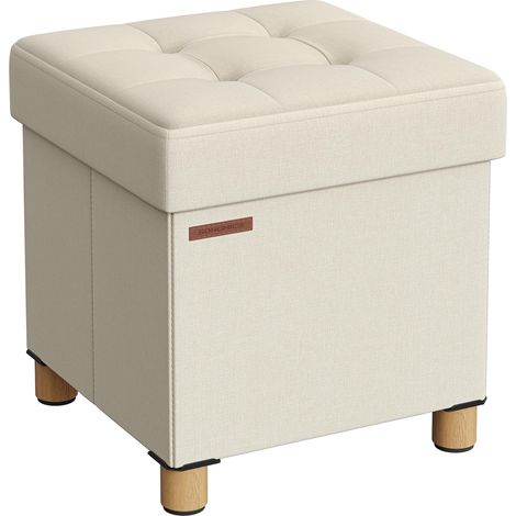 Tabouret de Rangement, Petit Pouf Pliable, 38 x 38 x 40 cm, Repose-Pieds Cubique avec Rangement, Charge jusqu'à 300 kg, pour Salon, Chambre, Dortoir, Blanc Crème LSF014W11 (1/5)
