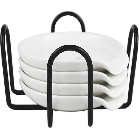 Set aus 4 Keramik-Löffelablagen mit Metallständer, ideal für die Arbeitsfläche, hitzebeständig und spülmaschinenfest. (1/5)