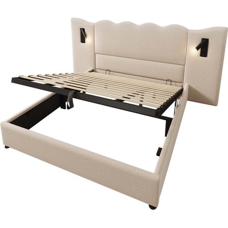 Cama con almacenaje doble 180x200 cm con lámpara de lectura y USB-C, beige lino, MODENUIT (1/5)