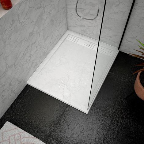 Plato Ducha Blanco Efecto Piedra 80x100x4 + Rejillas Cromada y Blanca Mate
