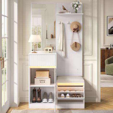 Modernluxe - Ensemble vestiaire d'entrée avec LED - Meuble à chaussures et banc - Avec miroir et crochets - 1 tiroirs et 2 portes - Blanc (1/5)