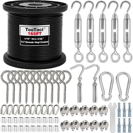 2mm Stainless Steel Cable Kit, 50M Black Sheath Cable with Turnbuckles - Hanging Kit for Light Garlands, Trellis for Climbing Plants, Curtain Support (1/5)