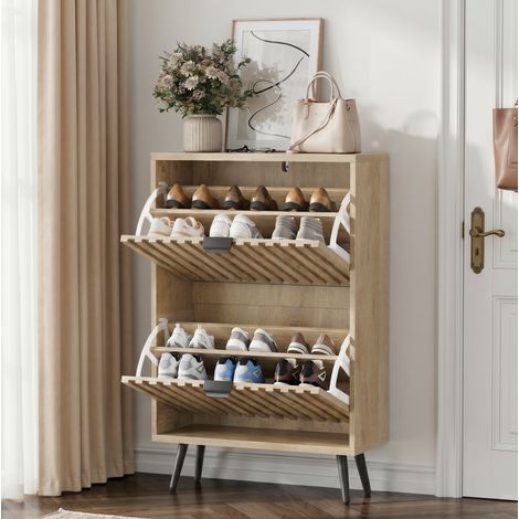 Meuble à chaussures 60 cm effet bois naturel, style Mid-Century, 2 abattants, MDF (1/5)