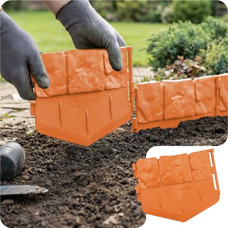 VOUNOT® Bordure de jardin imitation pierre 10.7m terracotta - Hauteur 14cm - Clôture gazon décorative ultra résistant - Lot de 70